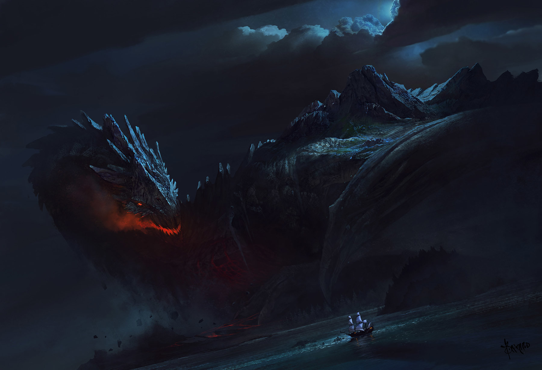 Bayard Wu Digital Painting Illustration Fantasy Dragon Island Sea Boat