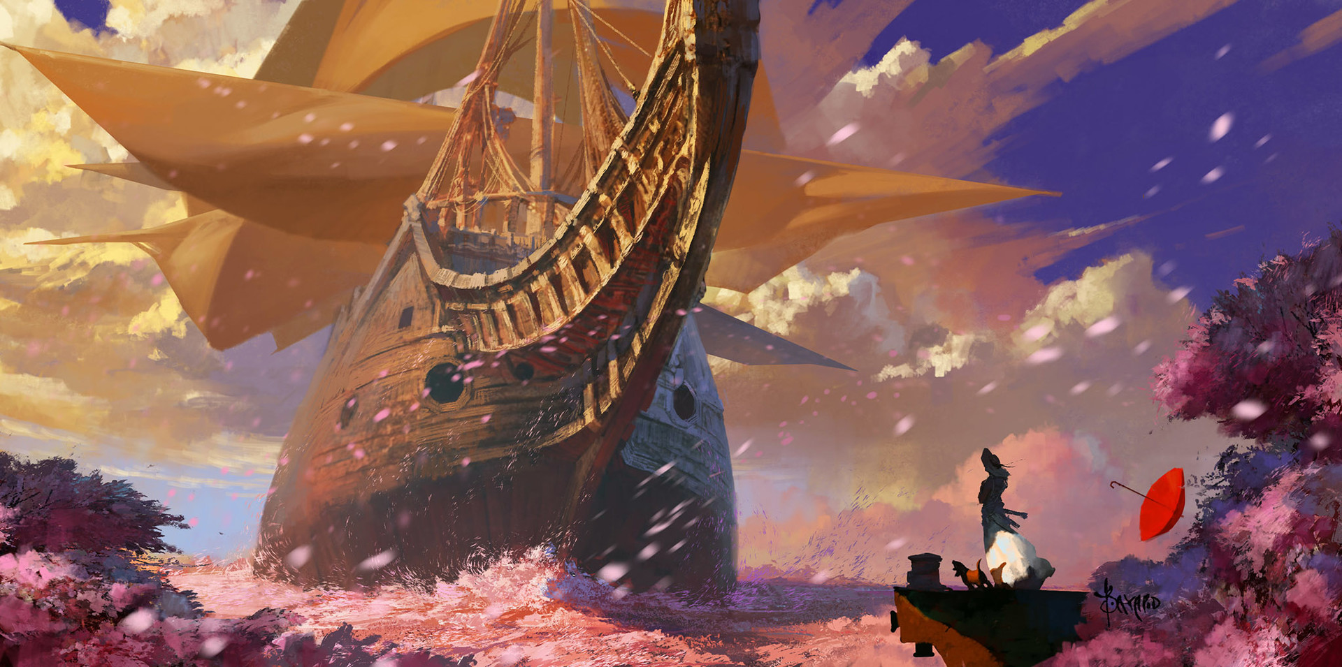 Bayard Wu Digital Painting Illustration Fantasy Ship Boat Sakura Flowers Sea
