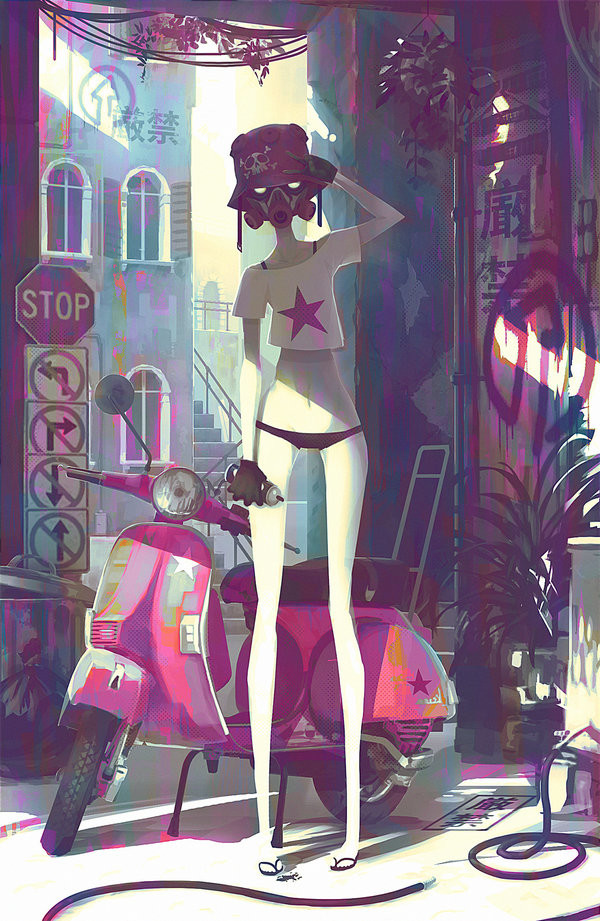 Deadslug_digital_painting_illustration_scooter_mask_girl_city