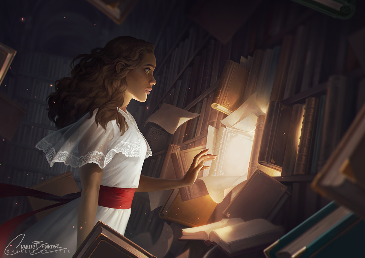 Charlie_Bowater_digital_painting_illustration_girl_library_books_magic