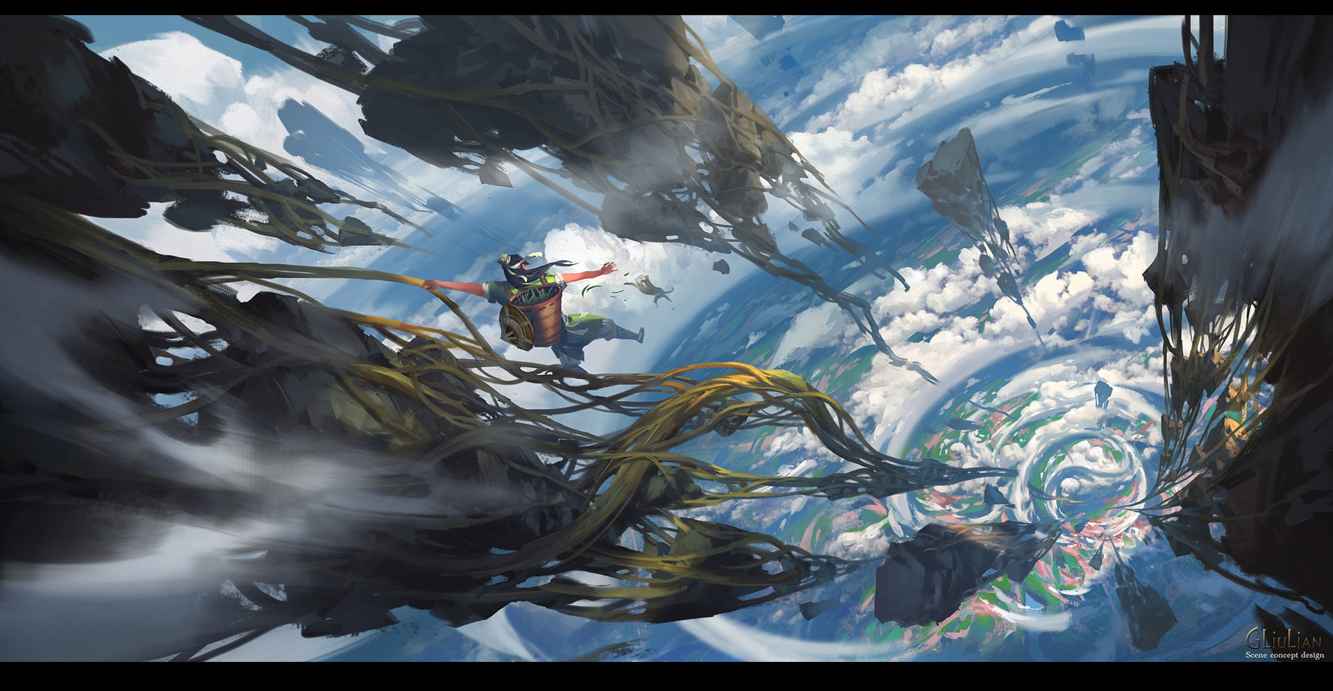 G Liulian digital painting concept art man falling floated island earth clouds