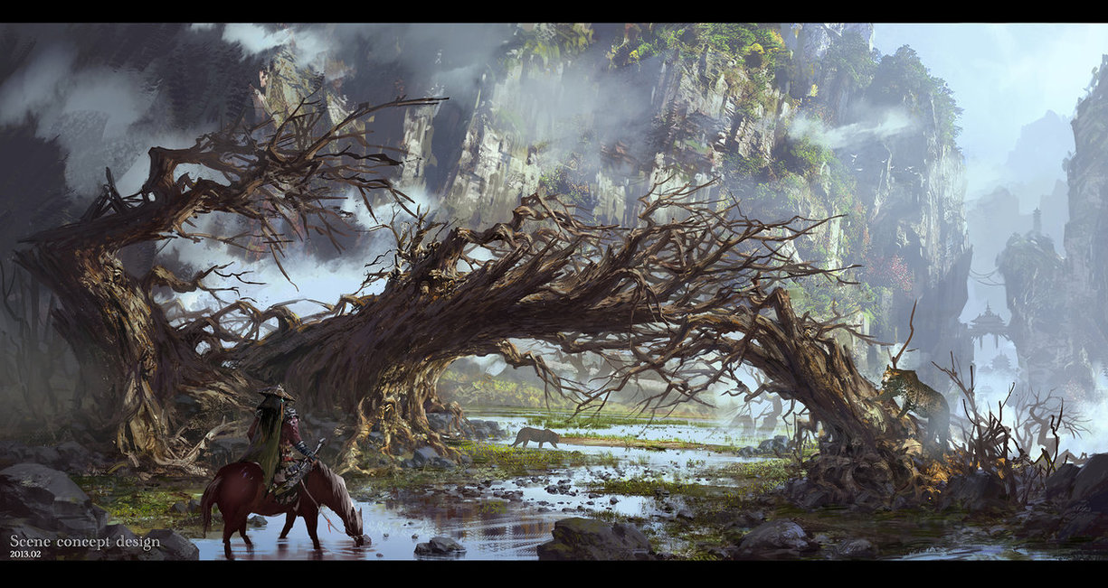 G Liulian digital painting concept art broken tree chinese man
