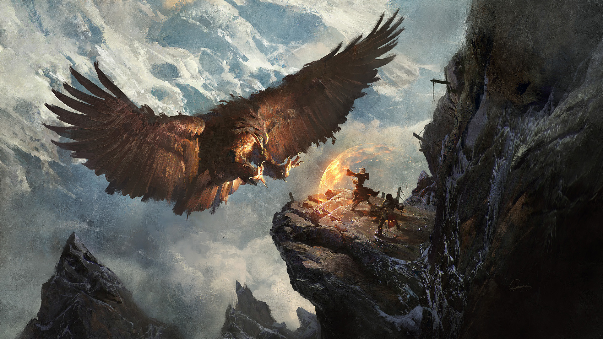 inspiration hebdo digital painting Rutkowski eagle fight fire mountain mage