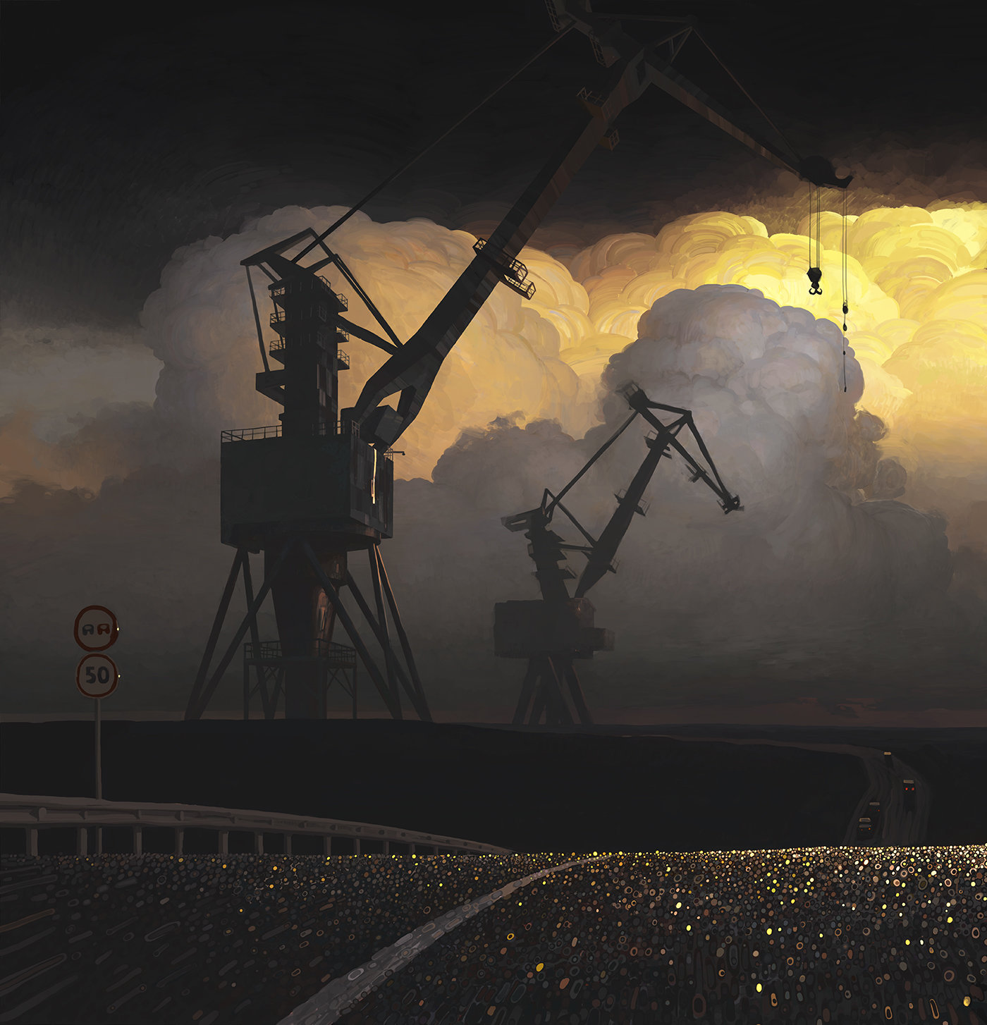 Andrey Surnov Digital Painting Cranes clouds sun
