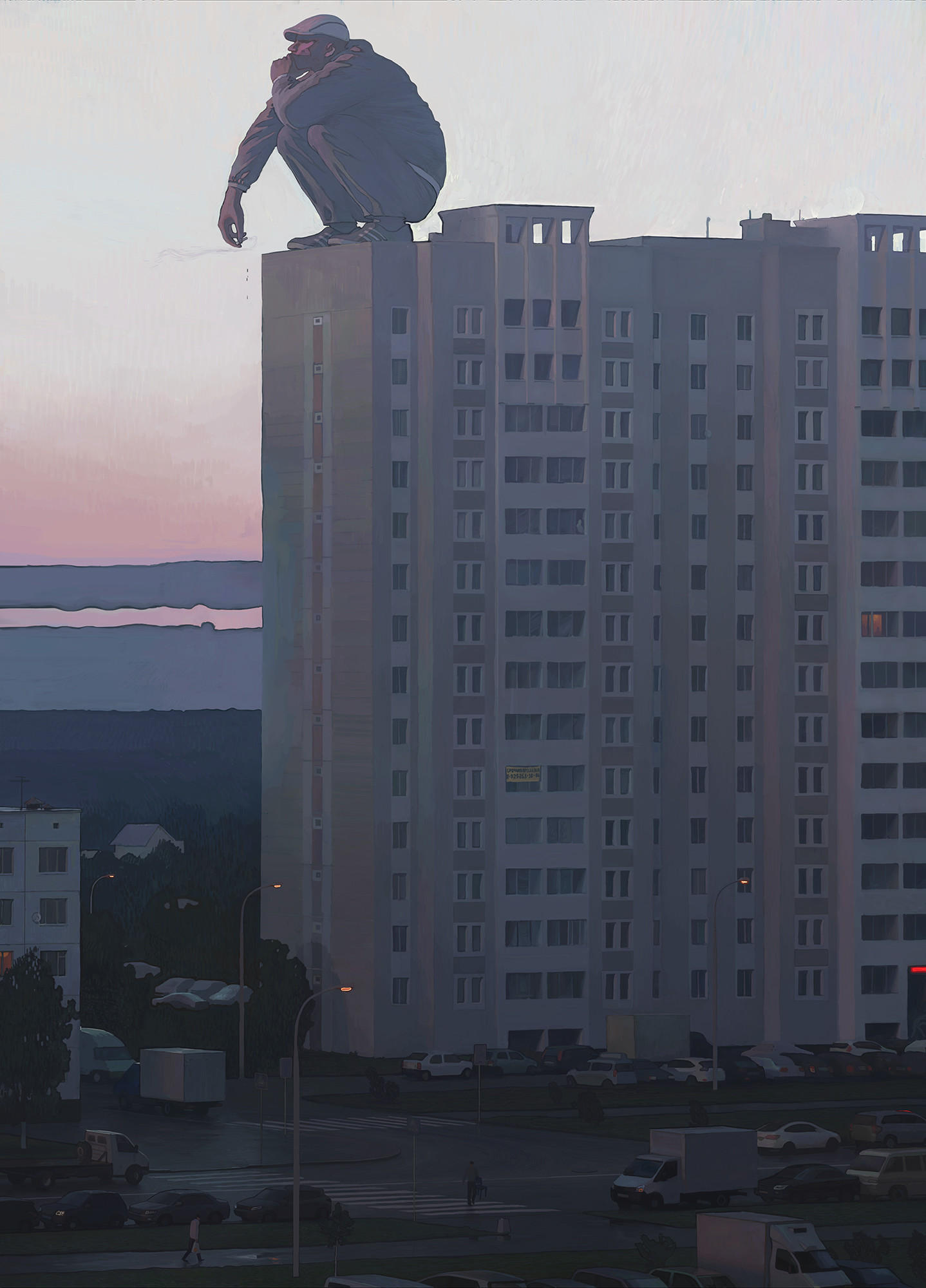 Andrey Surnov Digital Painting Overseer Man top building sky