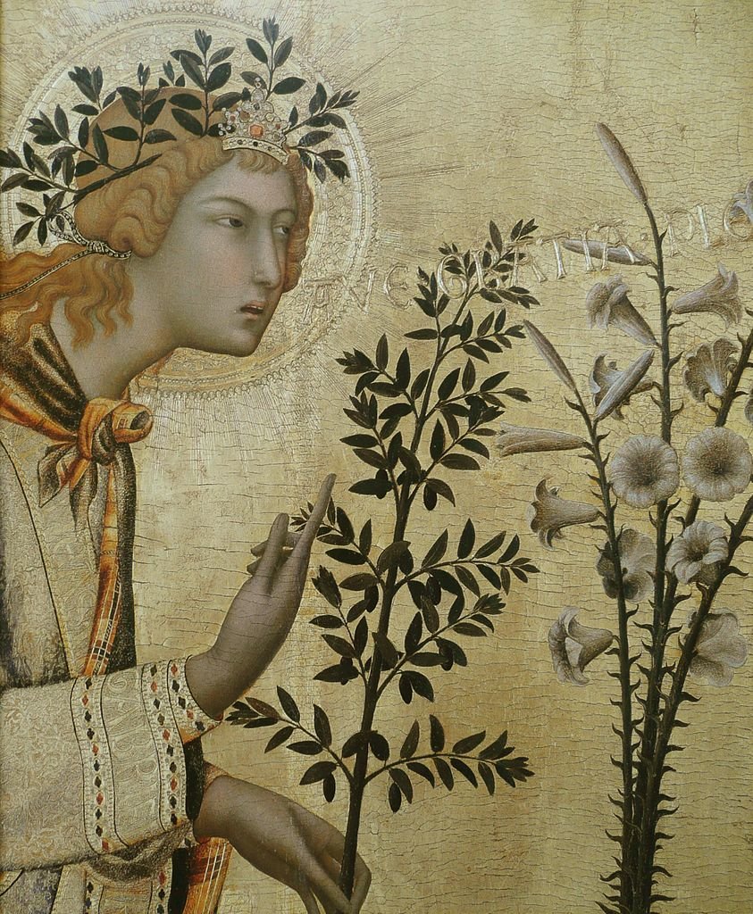 Simone Martini, Annonciation (détail un rameau d'olivier et des lys), Florence, 1333