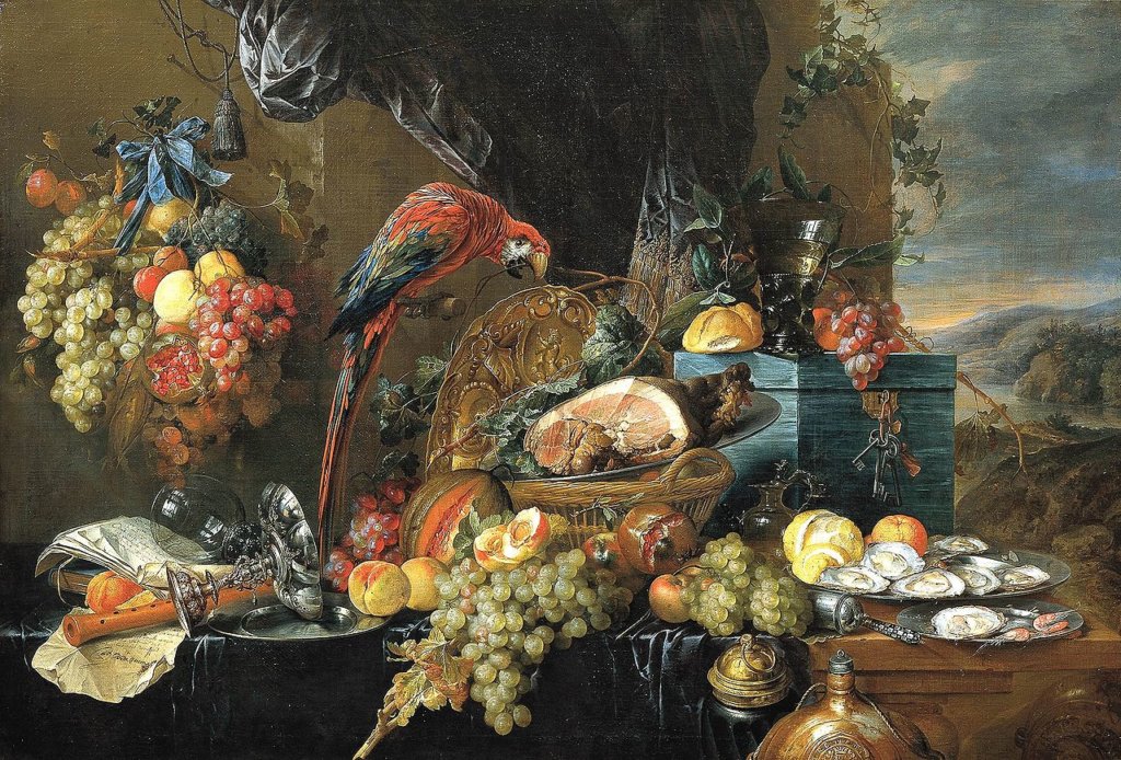 Jan Davidszoon de Heem, Table d’apparat avec perroquets, 1650