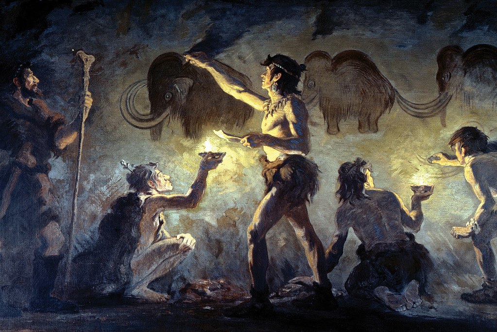 Charles R Knight, Cro-Magnon artists painting woolly mammoths in Font-de-Gaume, 1920