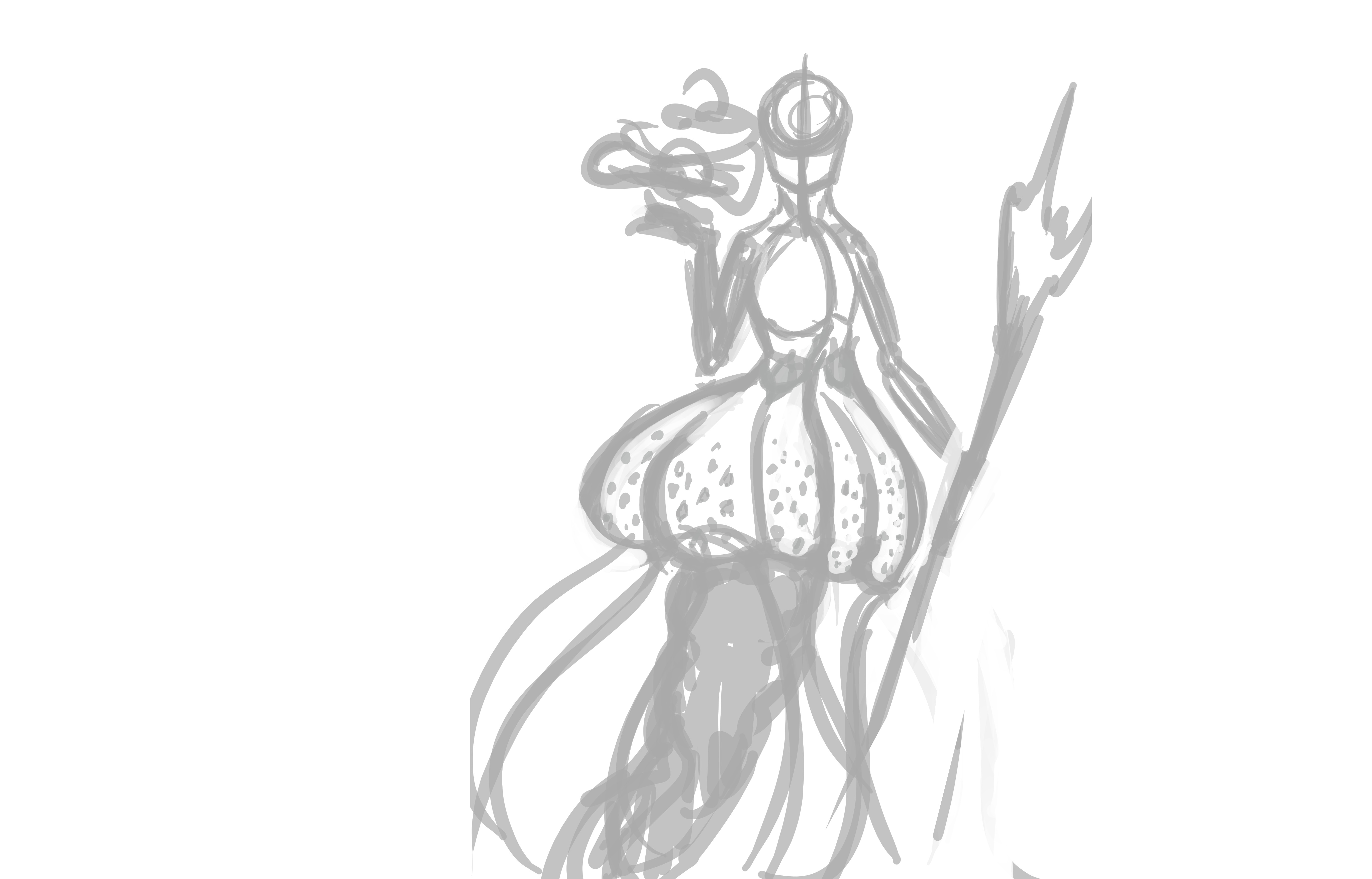 croquis 1, où là je place les volumes et commence à imaginer la forme du personnage